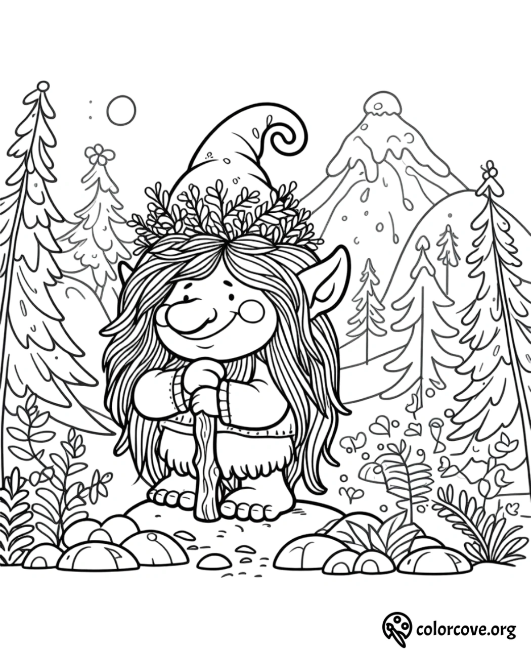 a cartoon of a troll with a hat and a staff