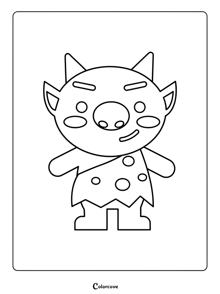 A simple line art coloring page of a cute troll with horns wearing a polka-dot tunic.