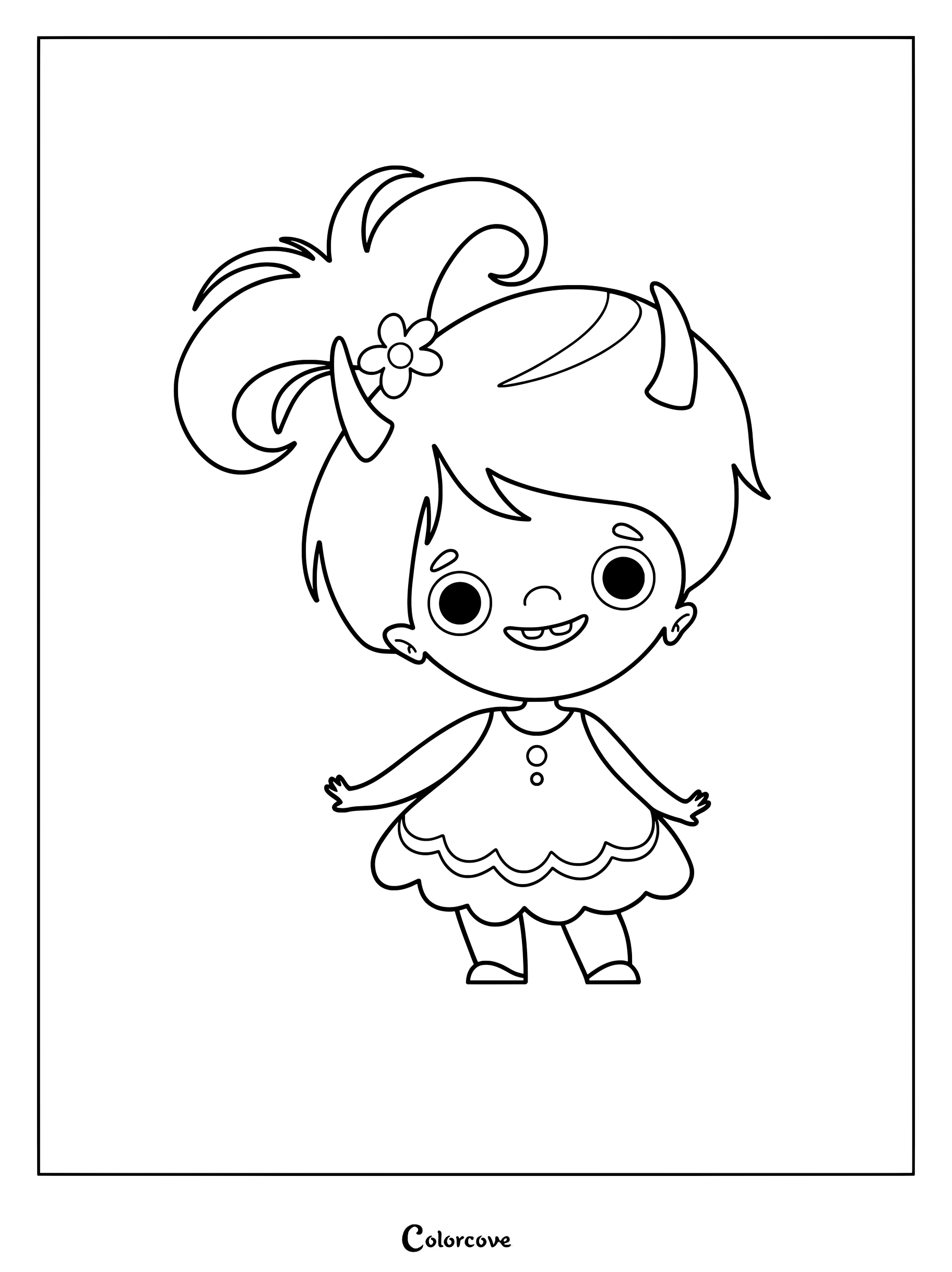 Un adorable troll avec une haute queue de cheval et un accessoire floral, vêtu d'une robe à festons, sur une page de coloriage à imprimer.