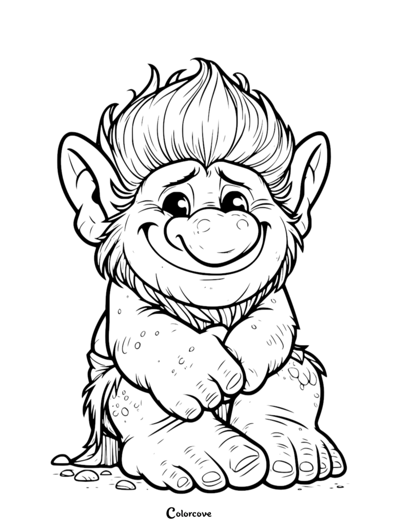 A cute troll sitting with a shy smile in this printable coloring page.