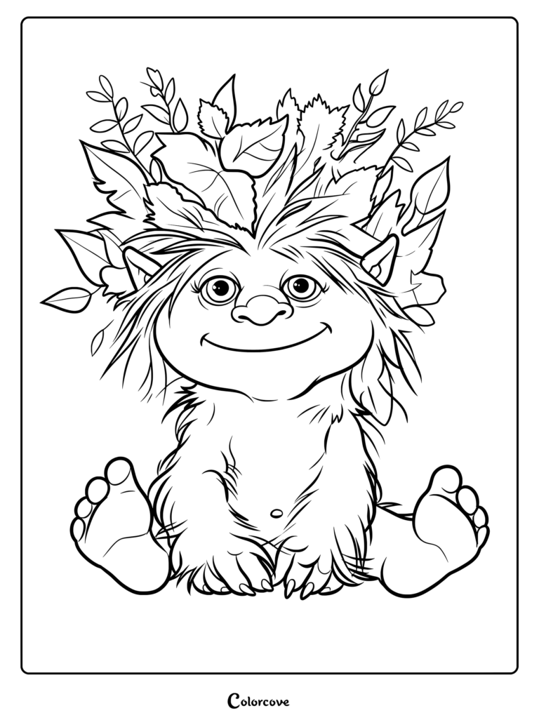 A cute troll with a large crown of leaves and foliage in its hair, sitting down in this free printable coloring page.