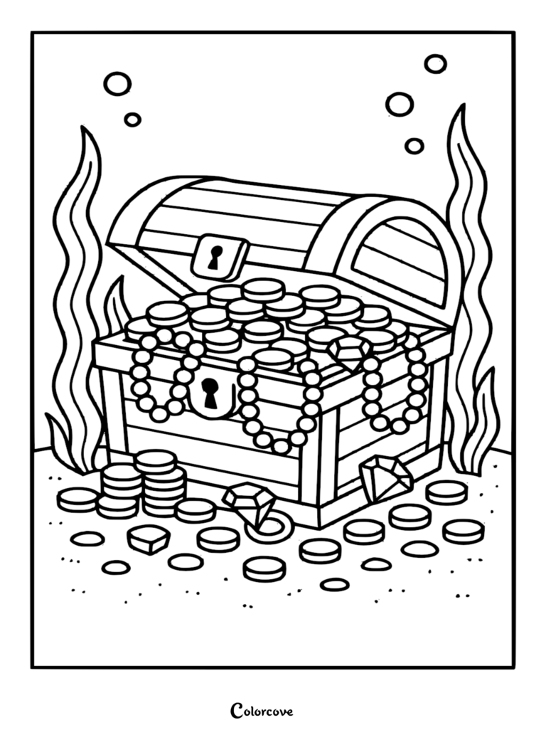 An underwater tropical island treasure chest coloring page filled with gold coins, pearl necklaces, and sparkling gems on the sandy ocean floor with seaweed.