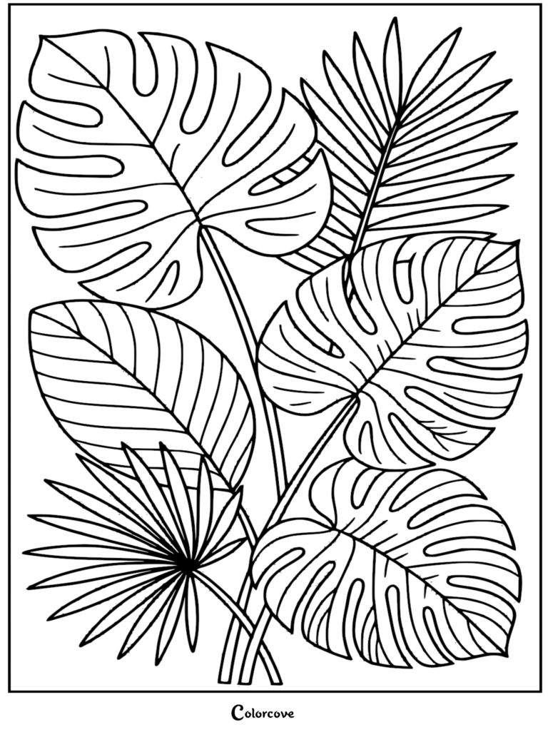 Tropical coloring page featuring layered monstera deliciosa and fan palm leaves with bold outlines.