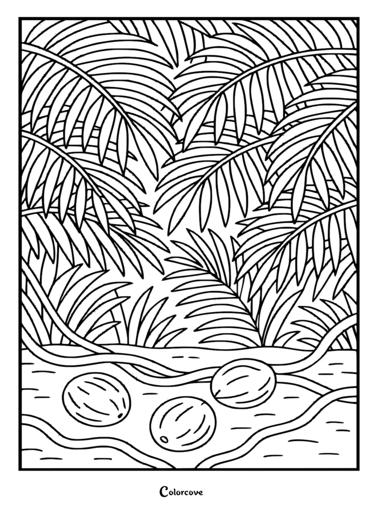 A detailed tropical coloring page featuring three coconuts resting on a sandy beach shore beneath lush overhanging palm fronds.