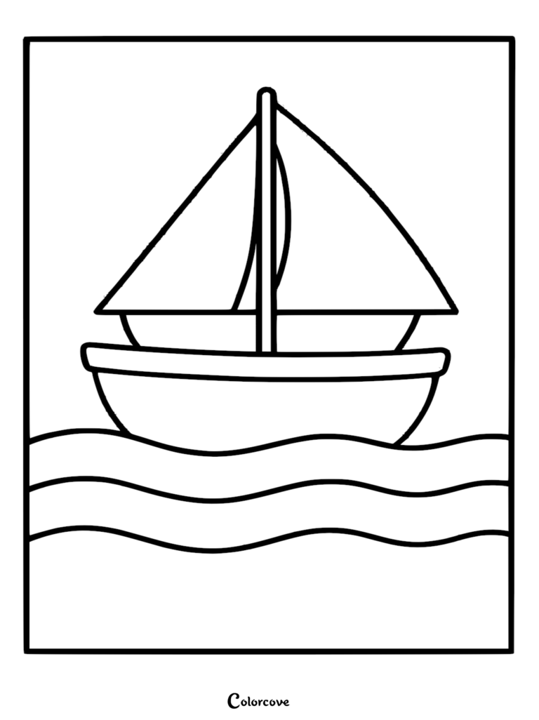 A simple sailboat coloring page featuring a single mast and triangular sail floating on stylized wavy ocean water.