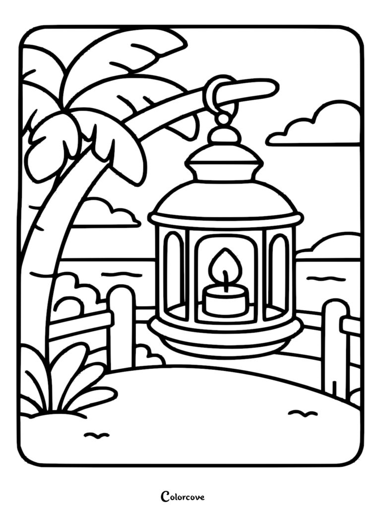 A tropical coloring page featuring a glowing candle lantern hanging from a palm tree branch against an ocean horizon.