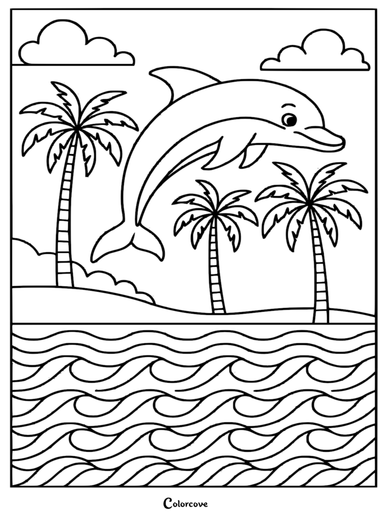 A printable coloring page featuring a happy dolphin leaping out of wavy ocean water near a sandy beach with three palm trees and fluffy clouds.