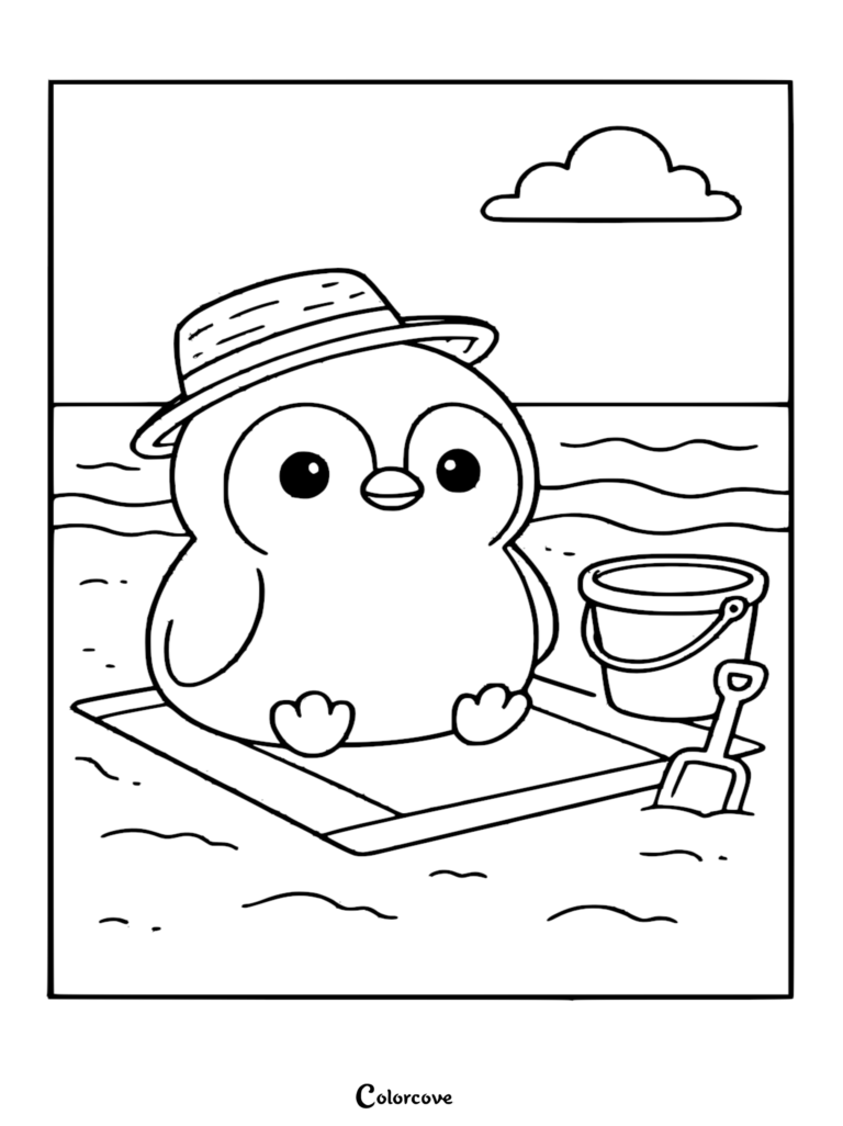 A cute penguin wearing a straw hat sitting on a towel at the beach with a bucket and shovel coloring page.