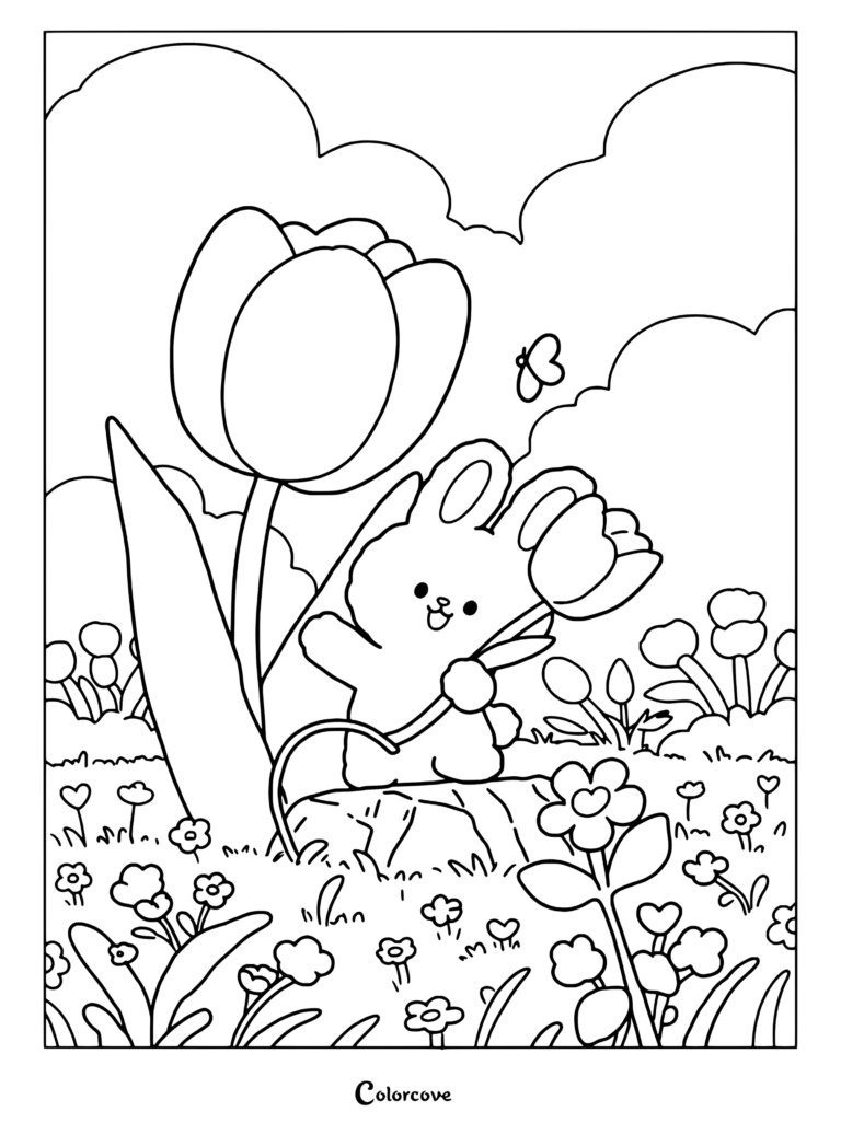 Cute bunny holding a tulip in a field with butterflies for a coloring page