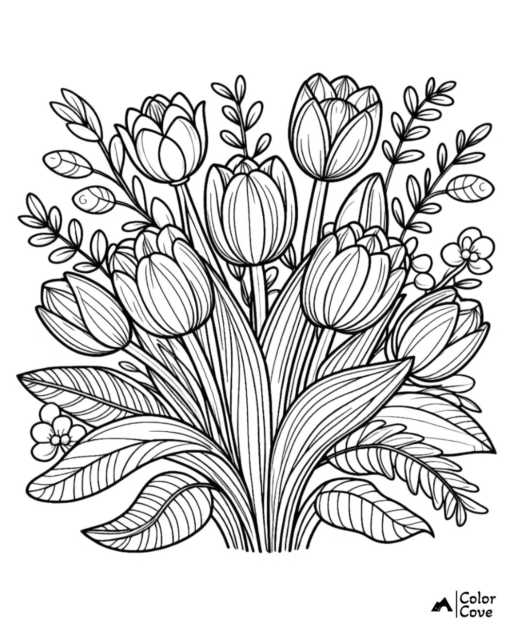 Coloring page featuring an intricate bouquet of tulips and leaves, ideal for relaxation and stress relief.