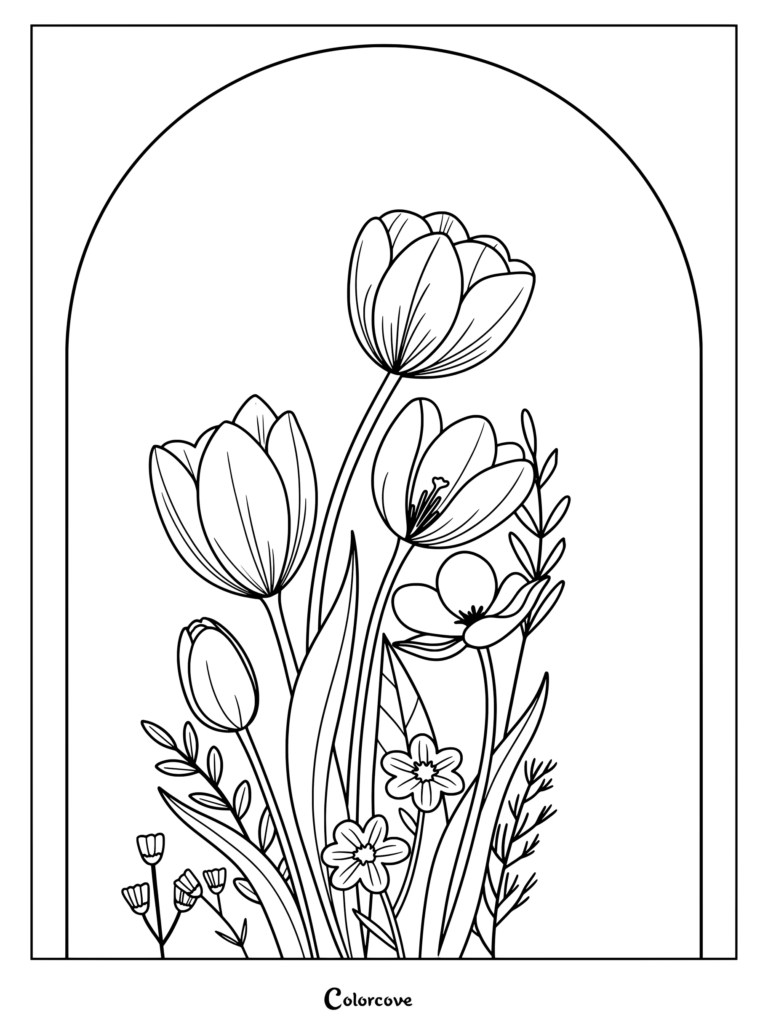 A printable coloring page featuring a detailed floral bouquet of tulips arranged inside an arch outline