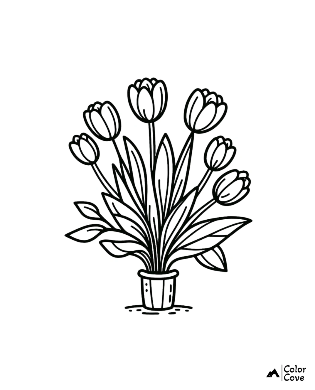 Coloring page of a potted tulip plant with six blooming flowers and leaves. Great for kids and art enthusiasts.