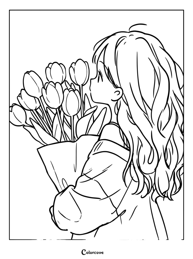 Anime girl holding a large bouquet of tulips coloring page