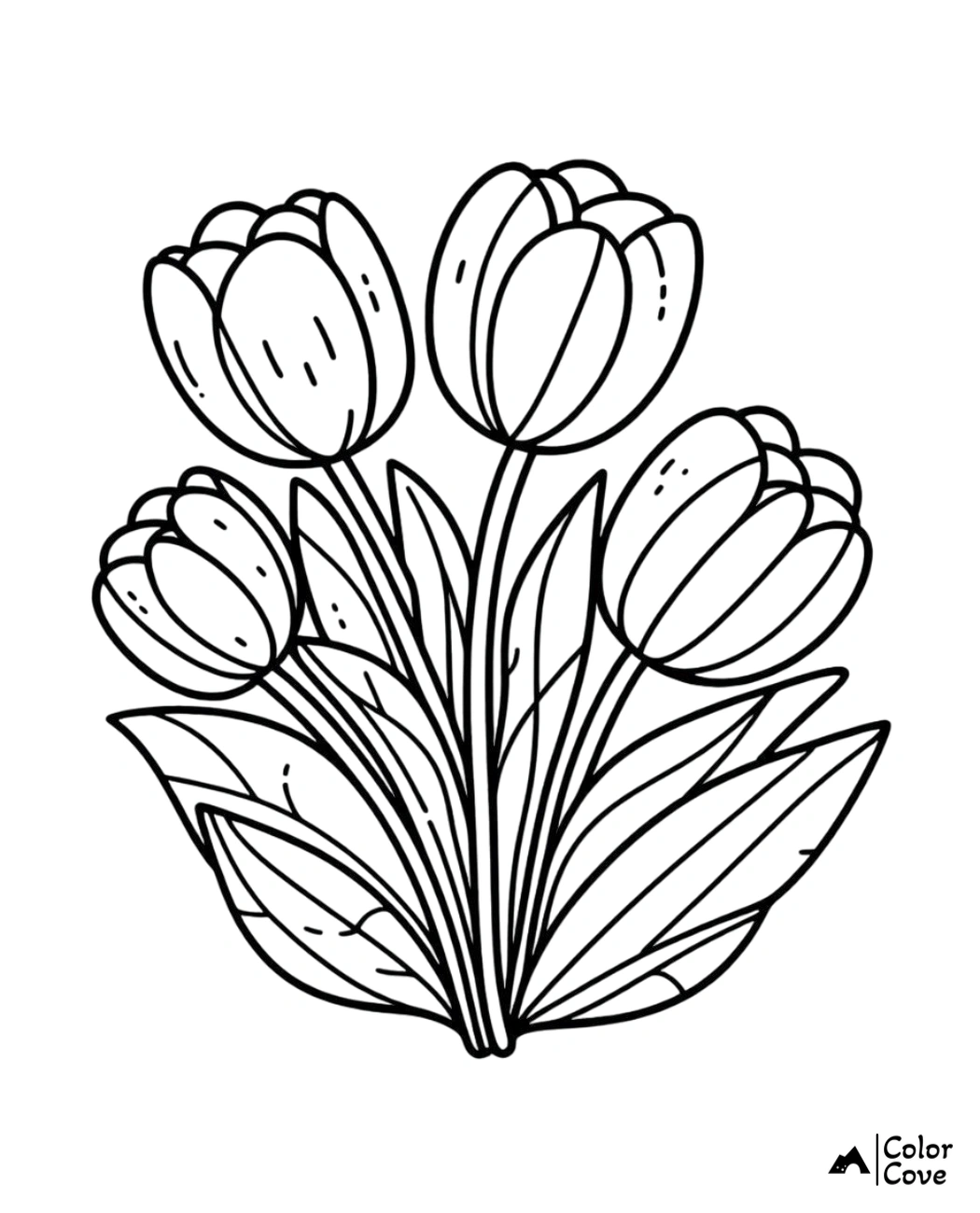 Outline of tulips in a bouquet coloring page for kids and adults to color, free printable flower coloring sheet.