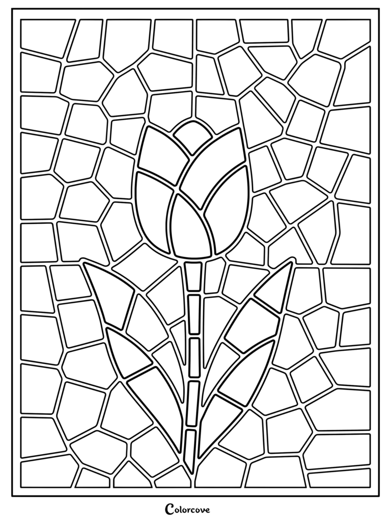A stained glass style tulip coloring page featuring a flower surrounded by mosaic tiles.
