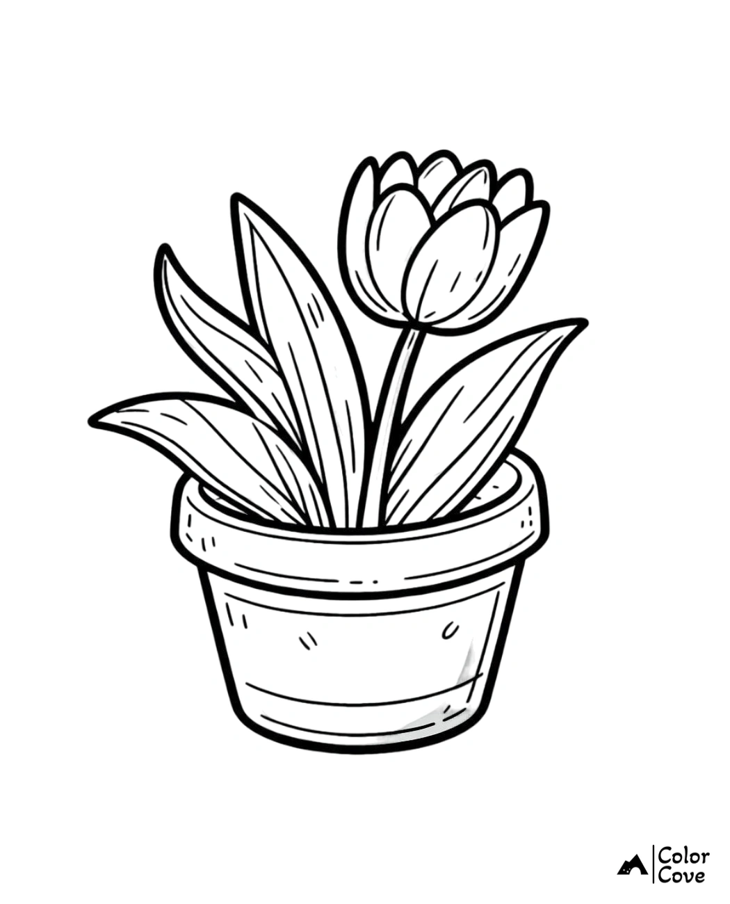 Tulip flower coloring page with a potted plant design; fun activity for kids and adults.