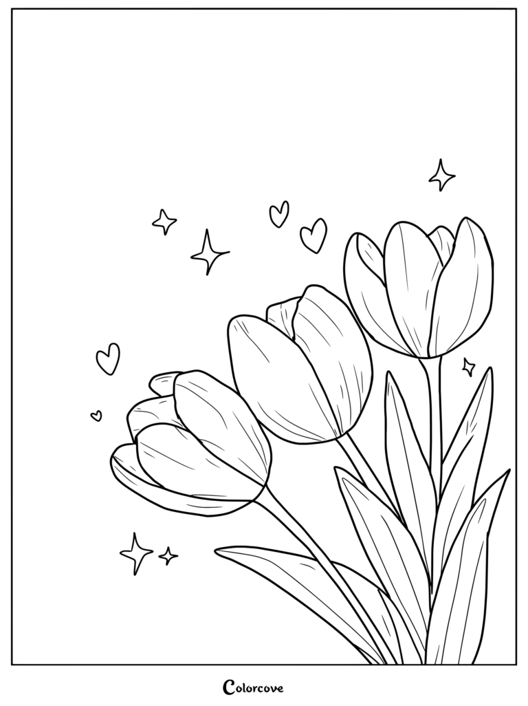 Three blooming tulips surrounded by small hearts and sparkles in this printable coloring page