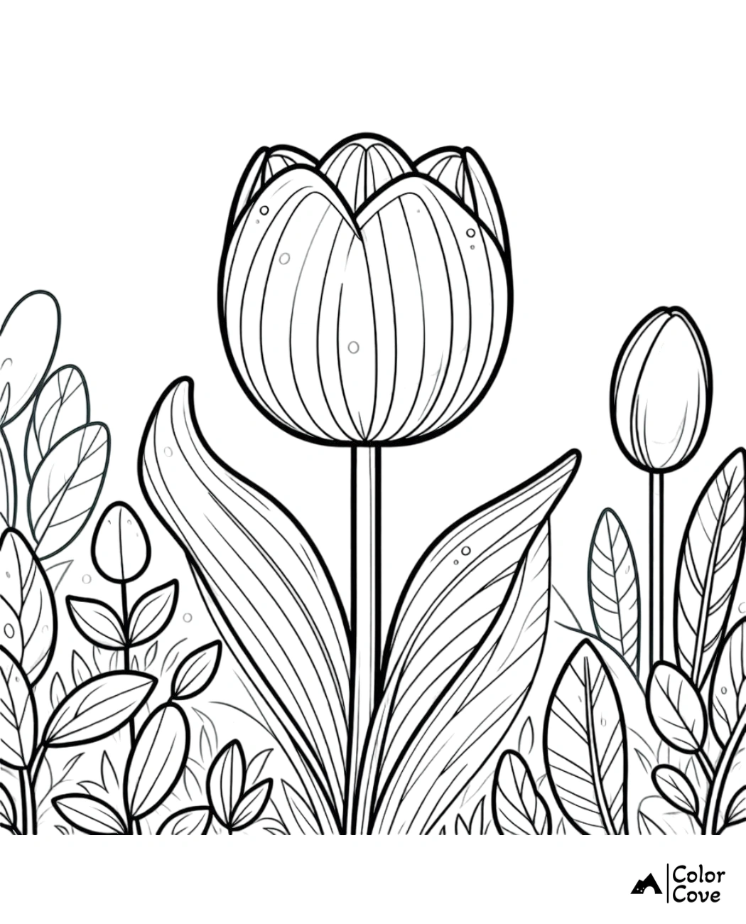 Coloring page of tulip and leaves, perfect for relaxation and creativity. Ideal for all ages. Color Cove logo in corner.