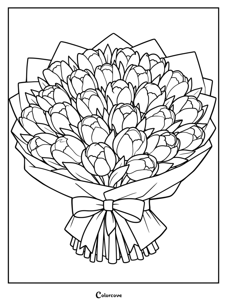 A detailed coloring page showing a large wrapped bouquet of fresh tulips tied with a ribbon bow