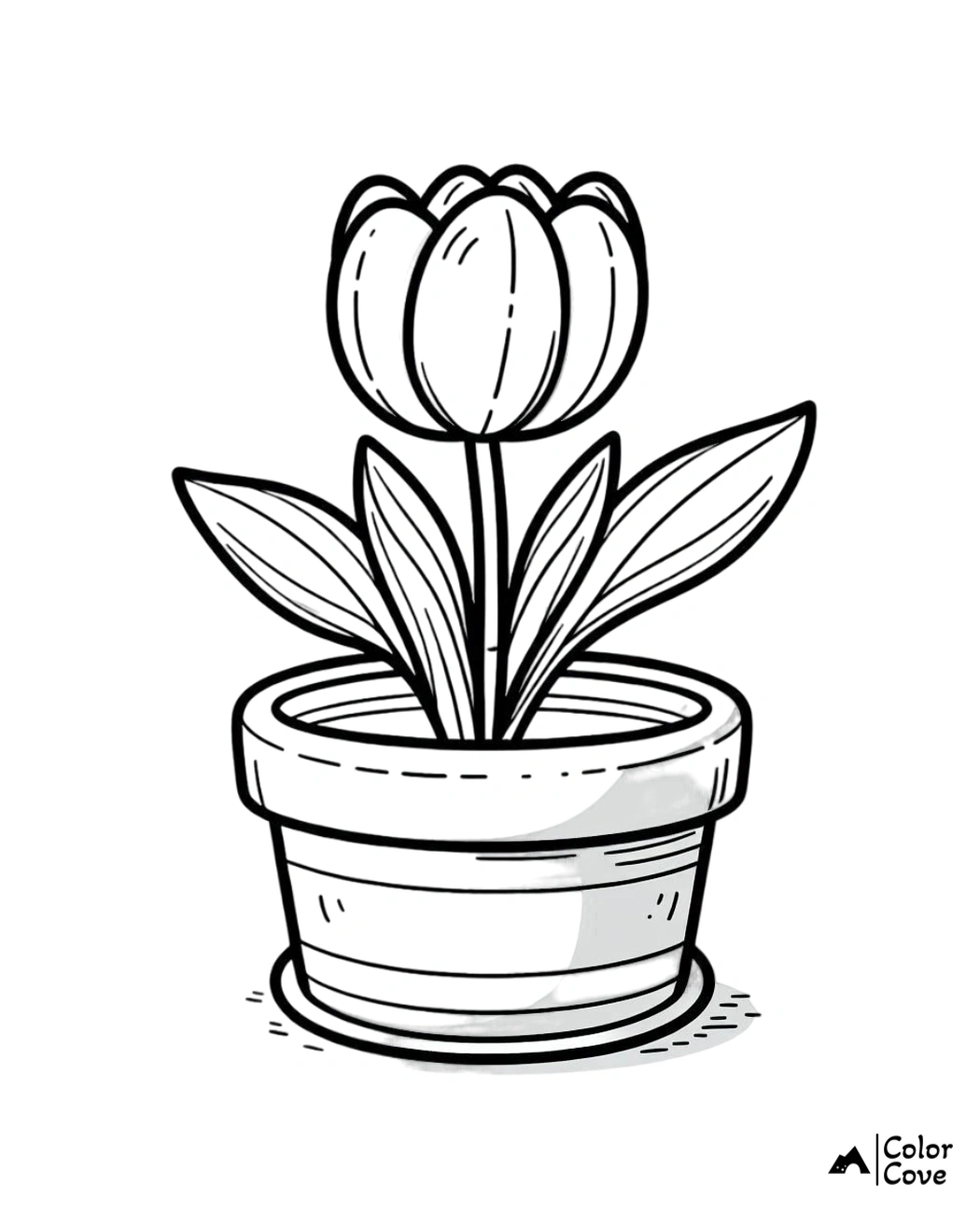 Coloring page of a blooming tulip in a pot. Perfect for children's creative activities and flower enthusiasts.