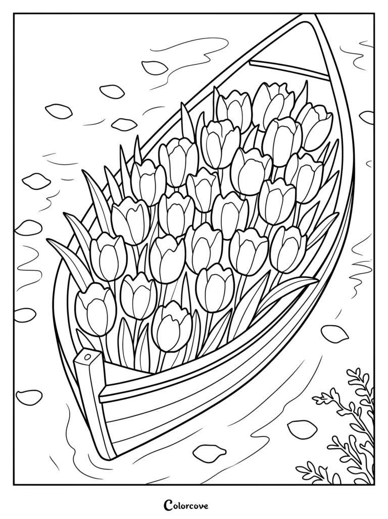 A printable coloring page featuring a small wooden boat overflowing with blooming tulips floating on water