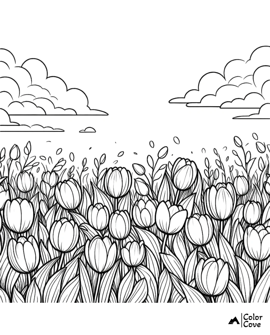 Coloring page of a field of tulips with clouds in the sky, perfect for relaxing and creative coloring fun.