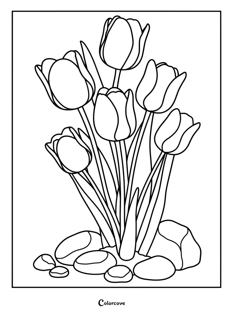 A printable tulip coloring page featuring a cluster of blooming tulips growing out of a cluster of rocks.