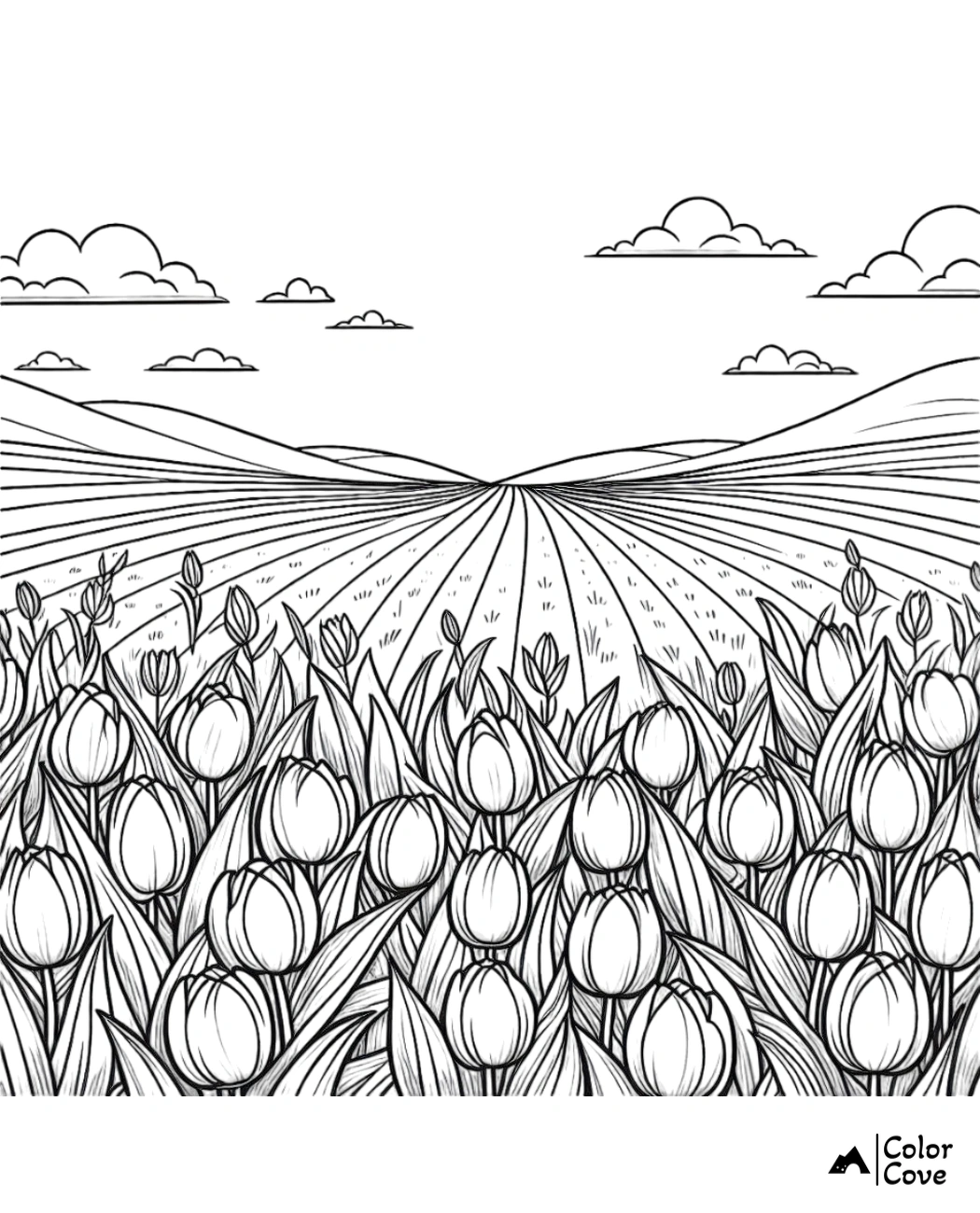 Coloring page features tulip flower field, rolling hills, and a sky with clouds; perfect for stress relief and relaxation activities.