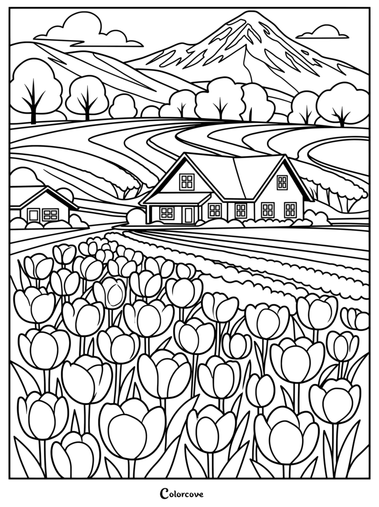 A detailed coloring page of a house surrounded by tulip fields and mountains.