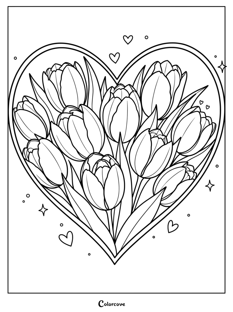 A beautiful bouquet of tulips arranged inside a large heart frame coloring page, decorated with floating hearts and sparkle accents