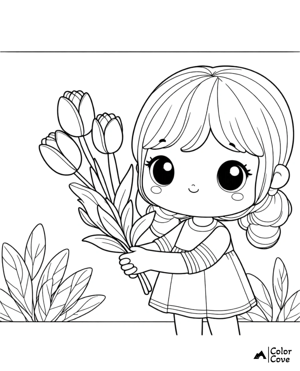 Adorable cartoon girl holding flowers coloring page for kids. Perfect printable activity for creativity and relaxation.