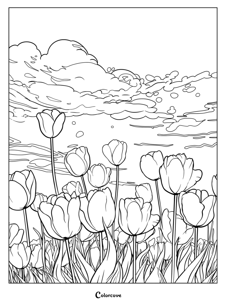 A printable coloring page featuring a field of blooming tulips under a dramatic cloudy sky.