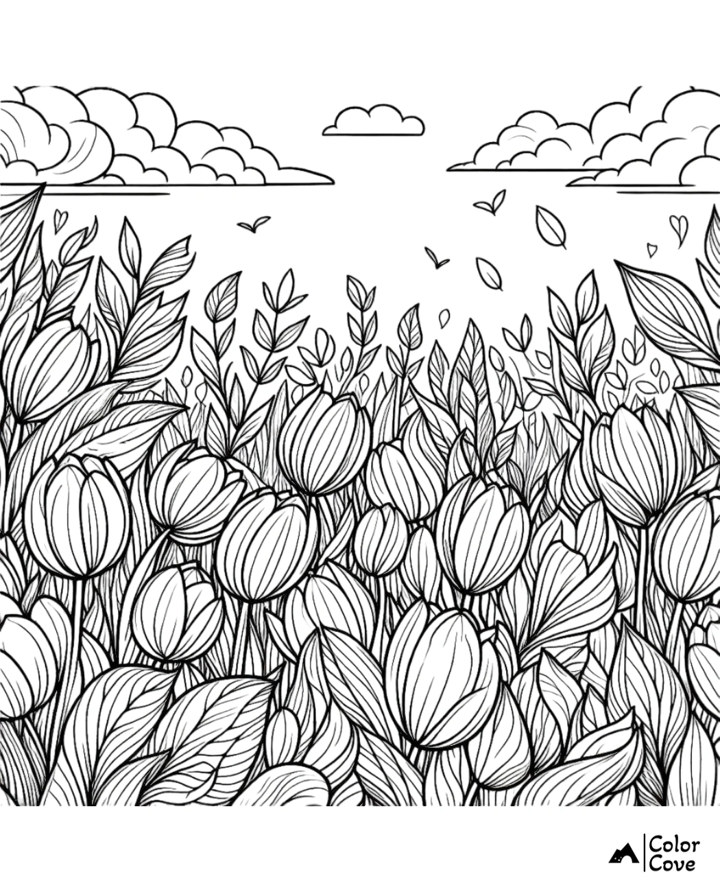 Black and white tulip garden coloring page with detailed flowers, leaves, clouds, and birds from Color Cove. Ideal for relaxation.