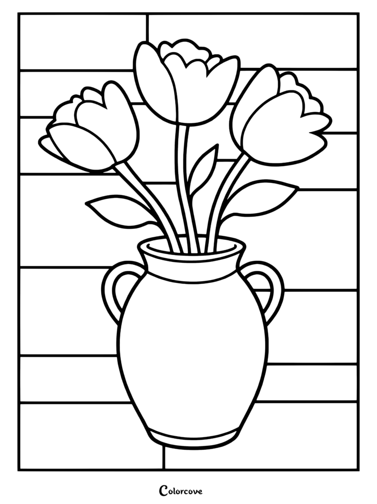 A printable coloring page featuring three tulips in a two-handled vase against a tiled background