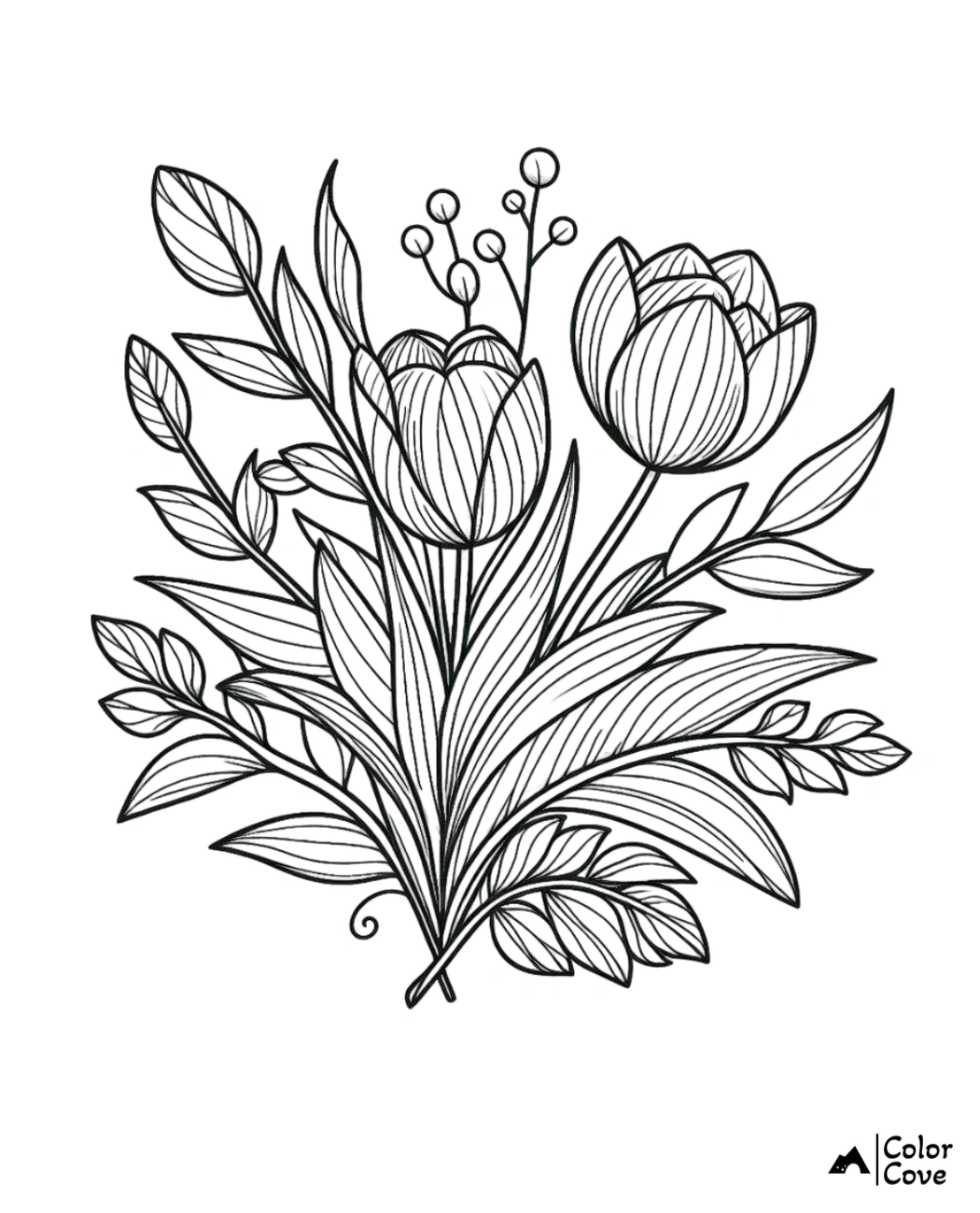 Intricate floral coloring page featuring blooming flowers and detailed leaves, perfect for a relaxing art activity.