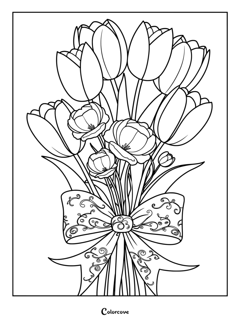 A detailed line art coloring page showing a large bouquet of blooming tulips tied together with an ornate patterned bow.
