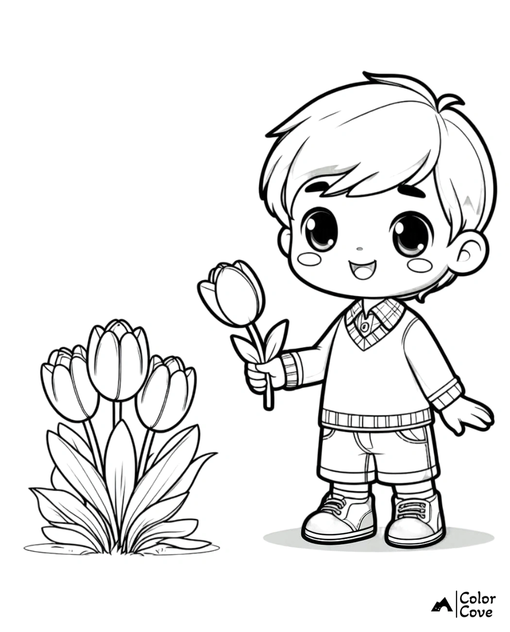 Cute coloring page of a boy with a flower, standing next to a blooming tulip bush. Fun activity for kids.