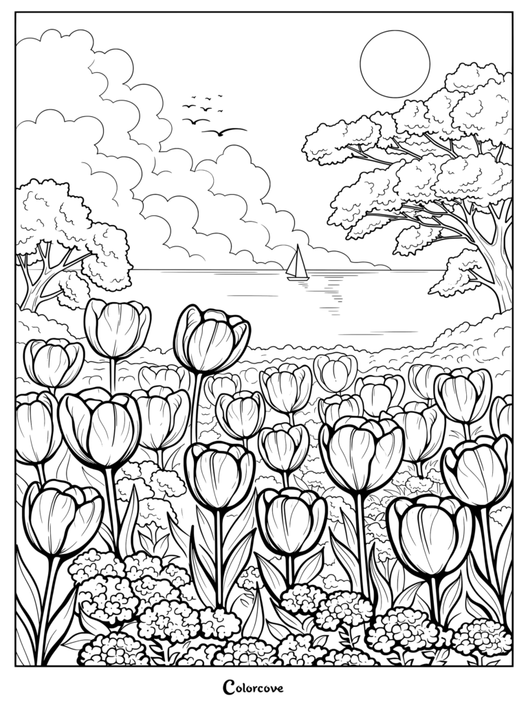 A printable coloring page featuring a large tulip field overlooking the ocean with a sailboat, sun, and fluffy clouds.