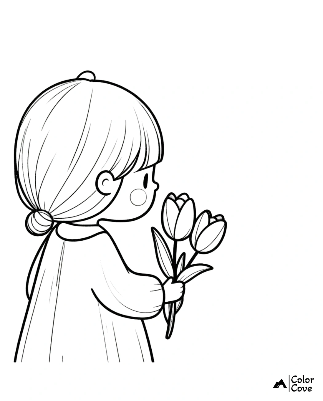 Coloring page of a child holding tulips, line art. Cute kid's coloring activity with flowers. Printable black and white artwork.