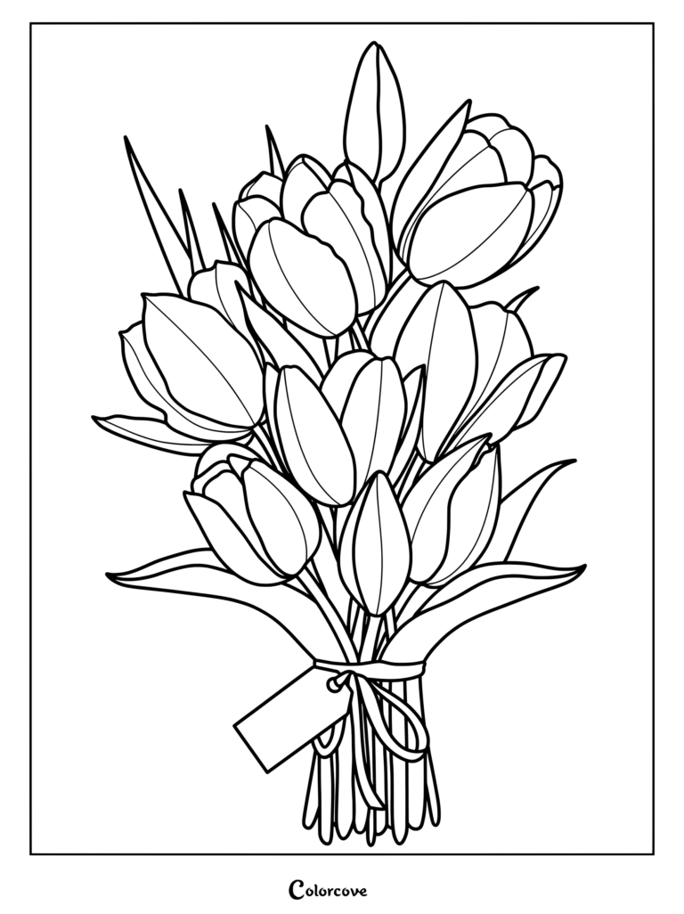 A detailed tulip coloring page featuring a tied bouquet of fresh spring flowers with a blank gift tag