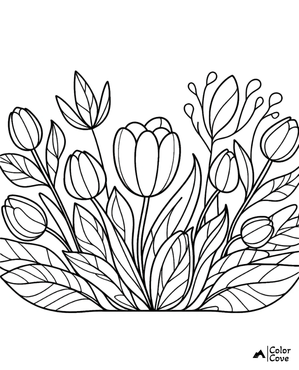 Black and white tulip flower bouquet coloring page with leaves and buds, ideal for kids and adults. Color Cove logo.