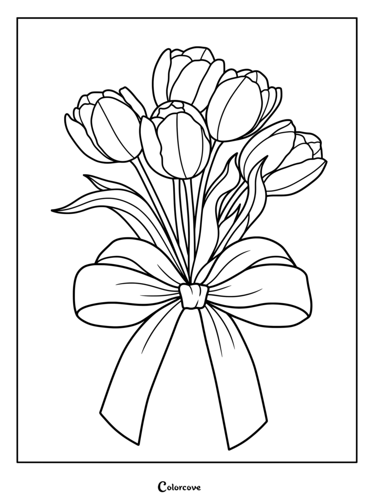 A printable coloring page featuring a bouquet of tulips tied together with a large decorative bow.