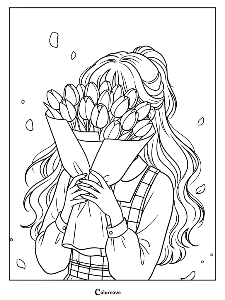 Girl holding a large bouquet of tulips hiding her face in this printable coloring page