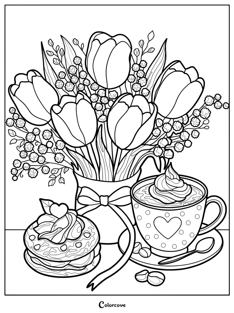 A detailed coloring page featuring a bouquet of tulips in a vase next to a polka dot coffee cup with whipped cream and a frosted pastry.