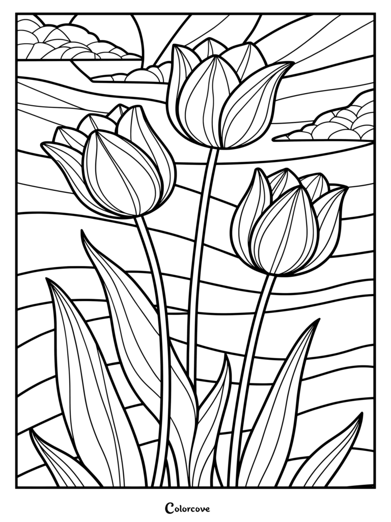 Three blooming tulips with long green leaves against a wavy landscape background in this detailed coloring page