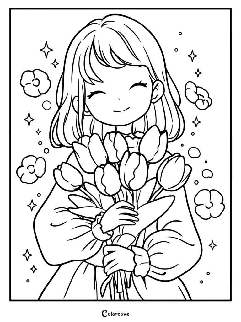 A smiling anime girl holding a large bouquet of tulips coloring page surrounded by sparkling stars and flowers