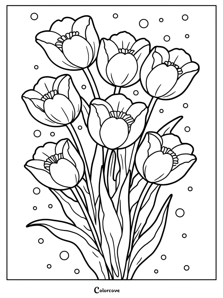 A detailed tulip coloring page featuring a lush bouquet of blooming tulips with long stems and leaves surrounded by floating bubbles.
