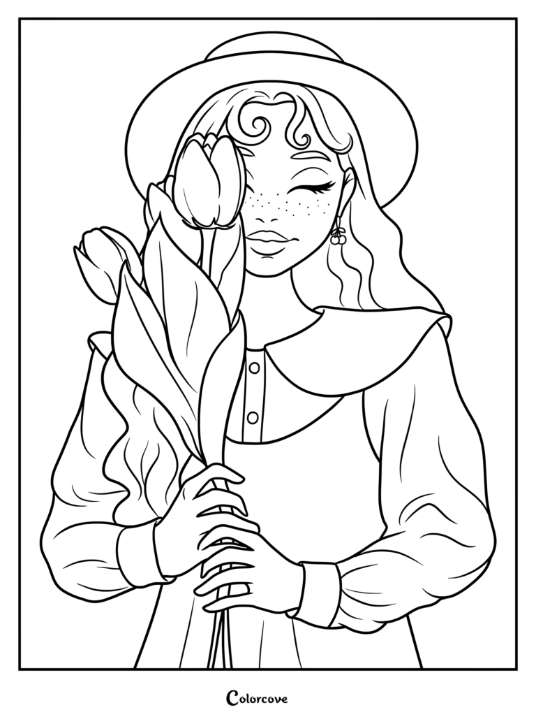 Girl holding a bouquet of fresh tulips coloring page with freckles and a hat