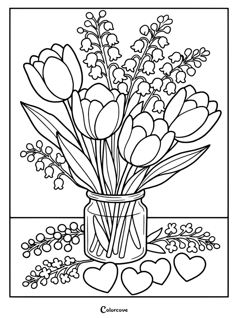 Tulip flower bouquet in a glass jar coloring page with hearts and leaves
