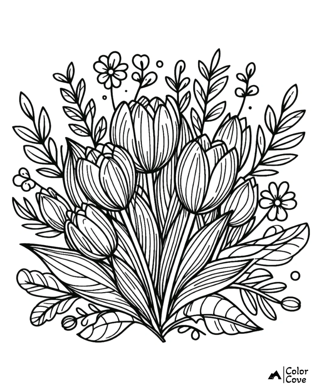 Coloring page featuring a detailed bouquet of tulips and leaves for relaxation and creativity.